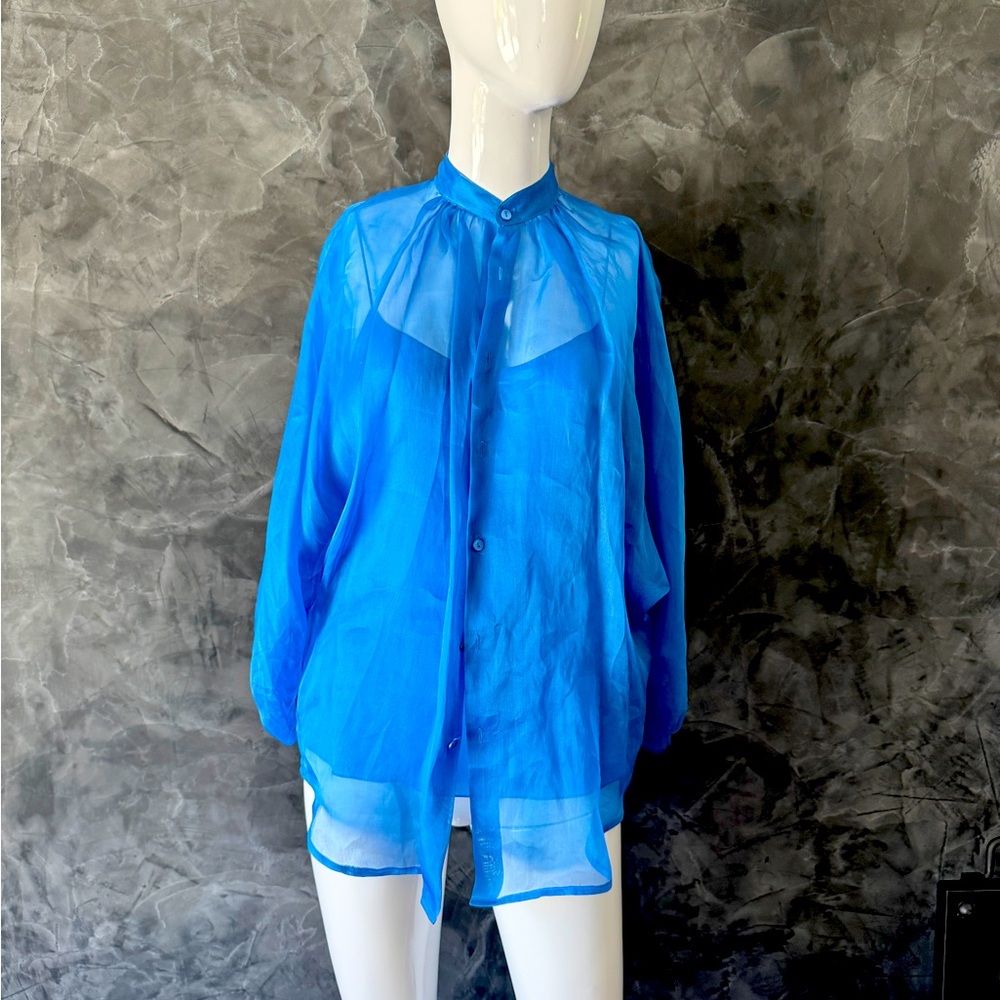 Ralph Lauren Blue Label Sheer Oversized Blouse with Mandarin Collar